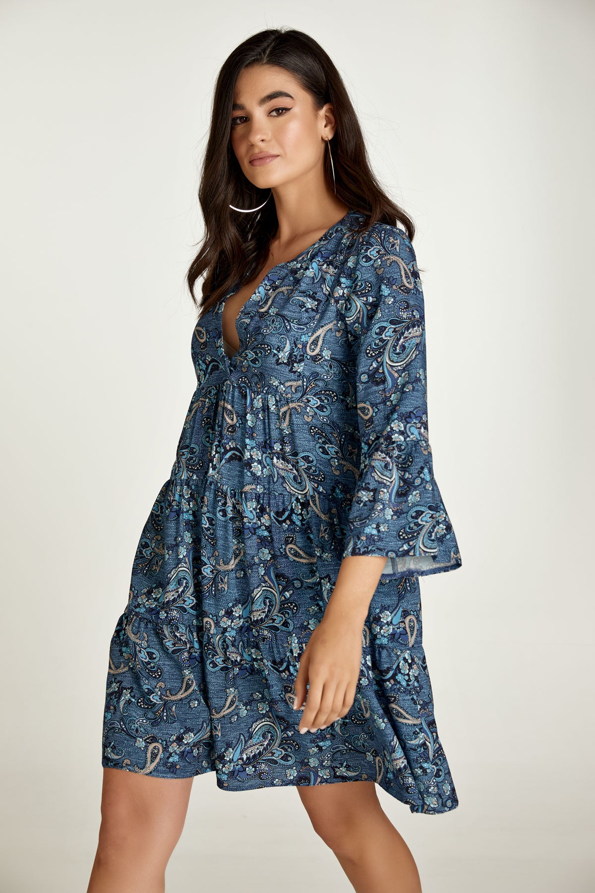 Conquista Φόρεμα Mini Casual V-Λαιμόκοψη 3/4 Μανίκι Εμπριμέ Μπλε C211-406-18