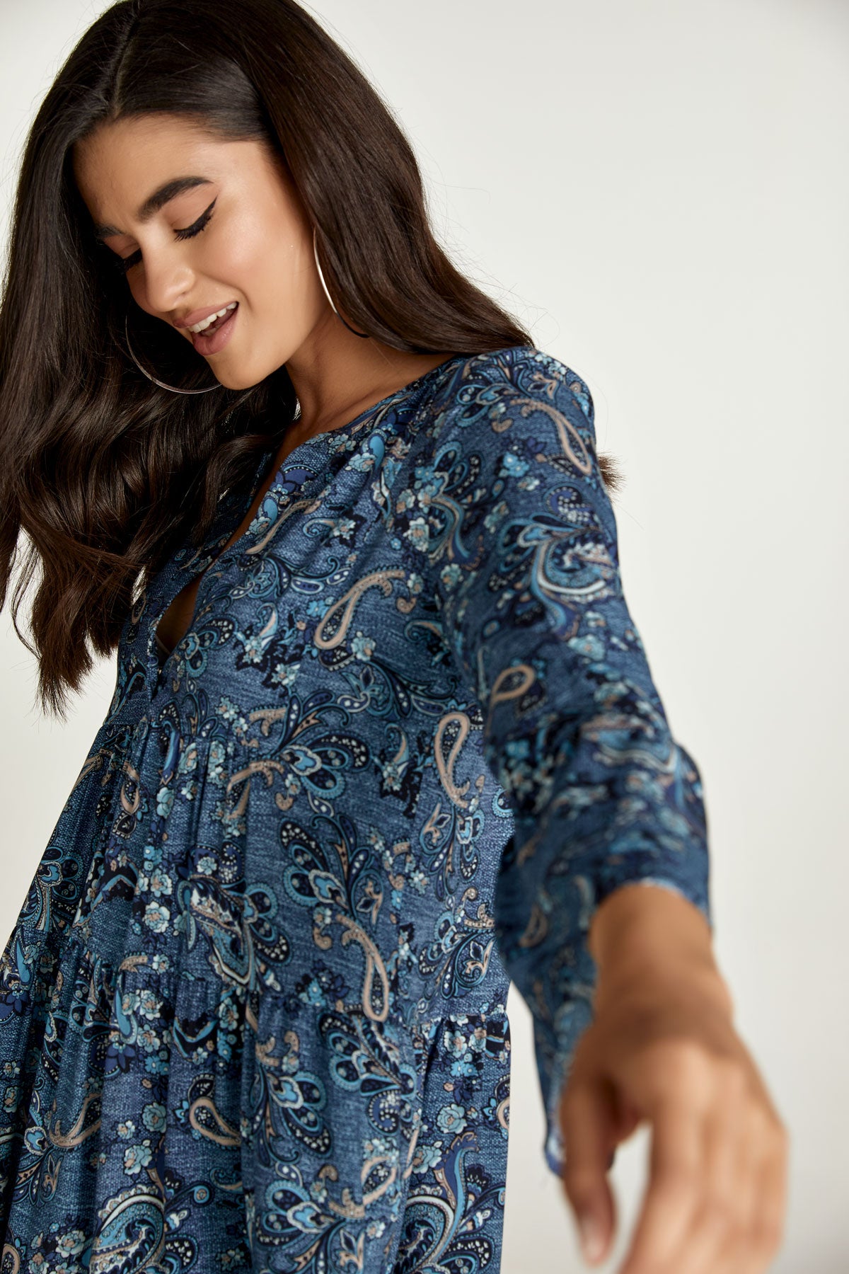 Conquista Φόρεμα Mini Casual V-Λαιμόκοψη 3/4 Μανίκι Εμπριμέ Μπλε C211-406-18