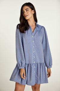 Denim Style Embroidered Dress with Buttons