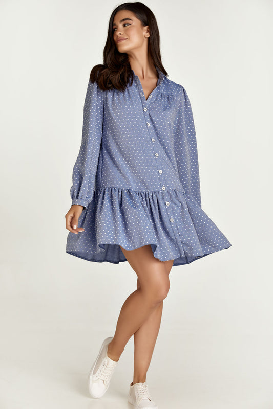 Denim Style Embroidered Dress with Buttons