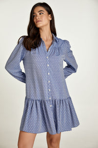 Denim Style Embroidered Dress with Buttons
