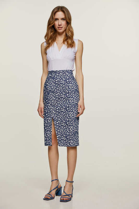 Conquista Φούστα Midi Casual Με Σκίσιμο Animal Print Μπλε C211-480-18