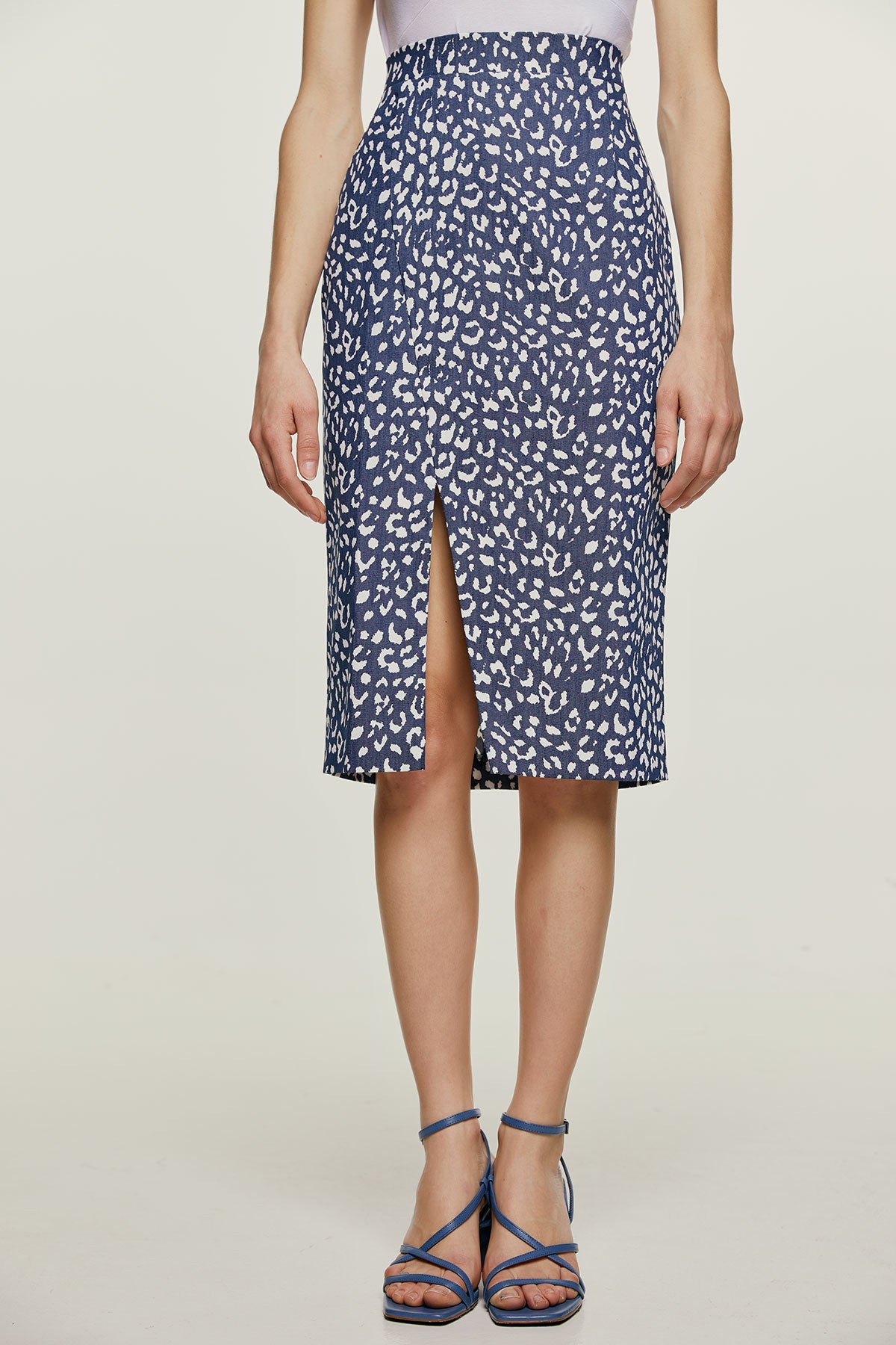 Conquista Φούστα Midi Casual Με Σκίσιμο Animal Print Μπλε C211-480-18