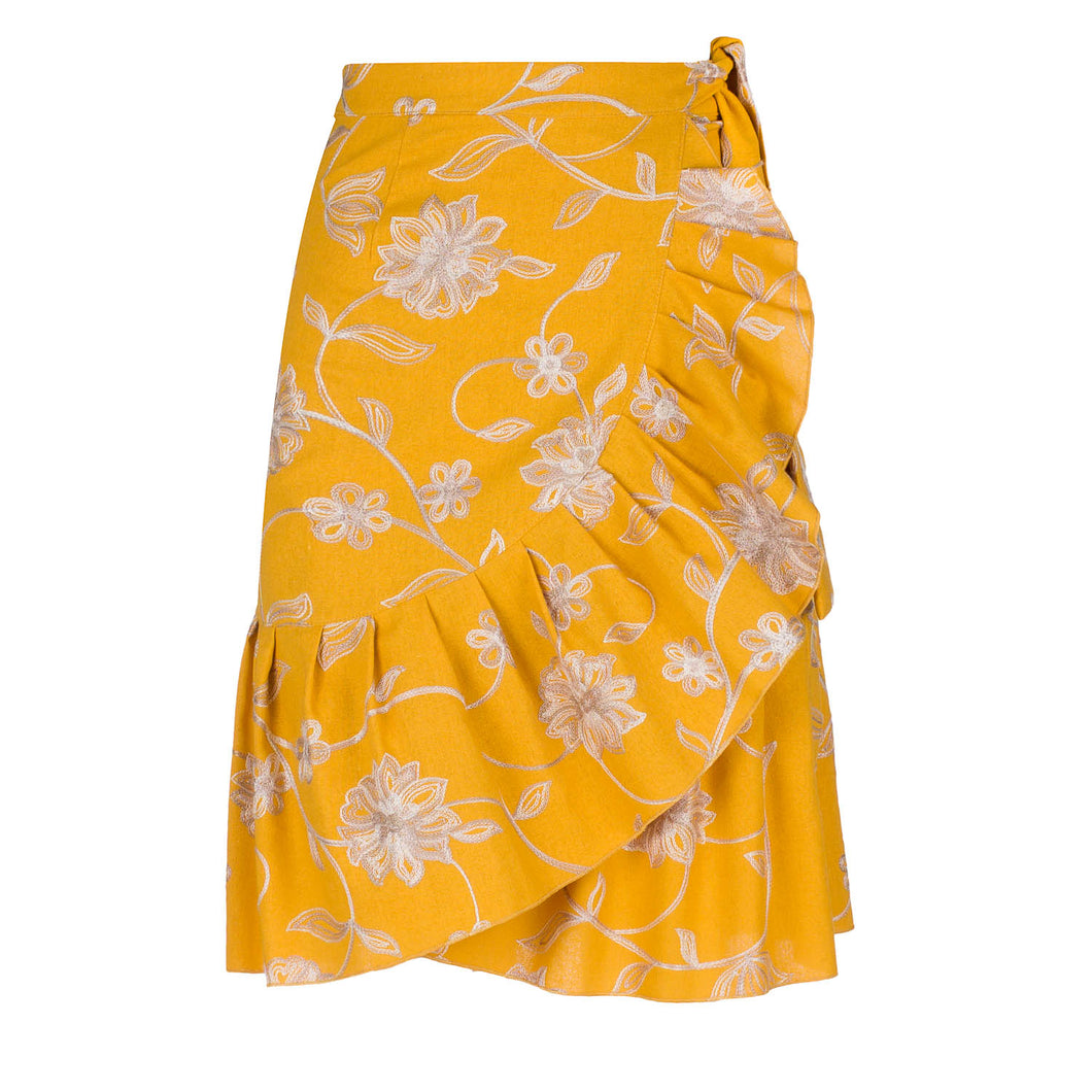 Mustard Embroidered Floral Wrap Ruffle Skirt