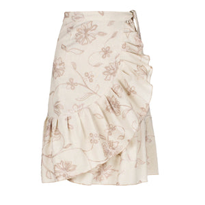 Ecru Embroidered Floral Wrap Ruffle Skirt