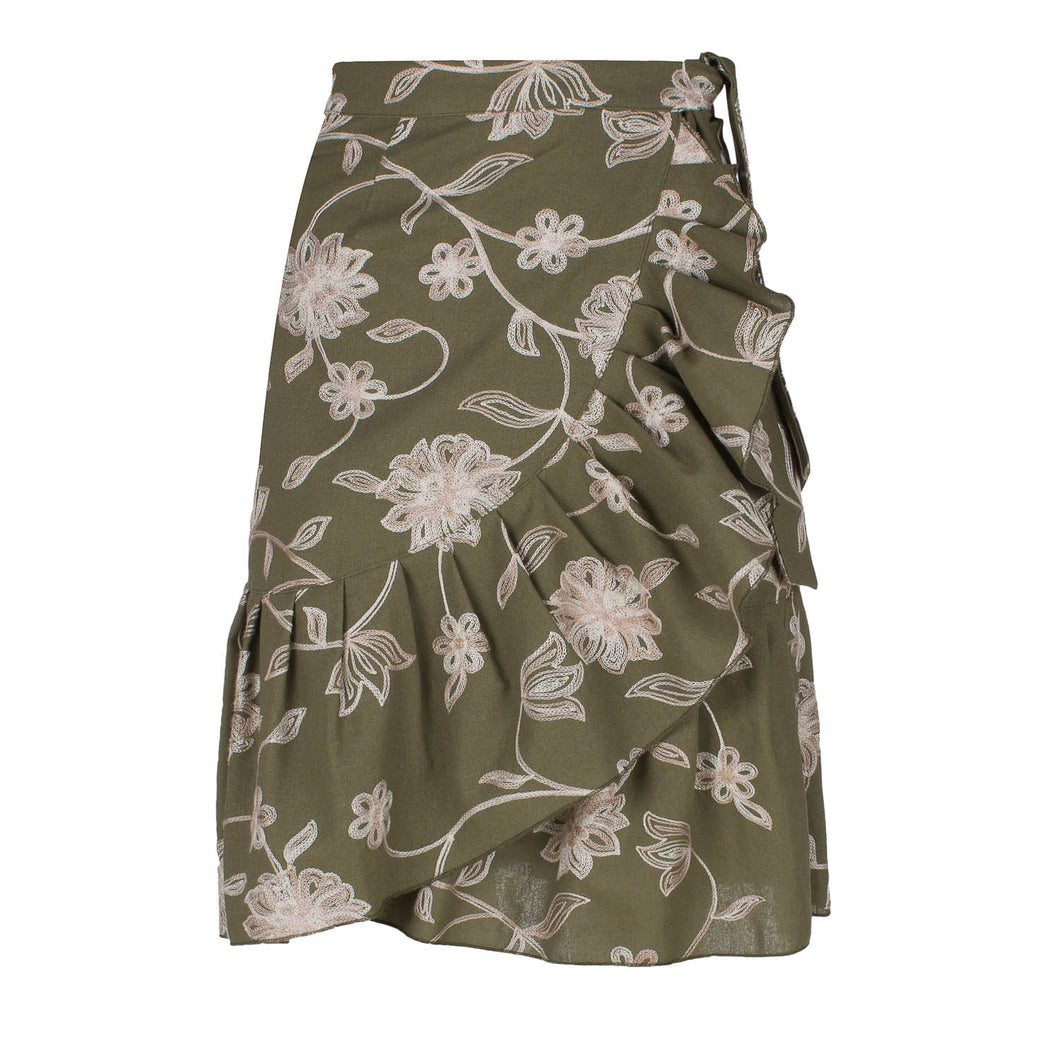 Olive Embroidered Floral Wrap Ruffle Skirt
