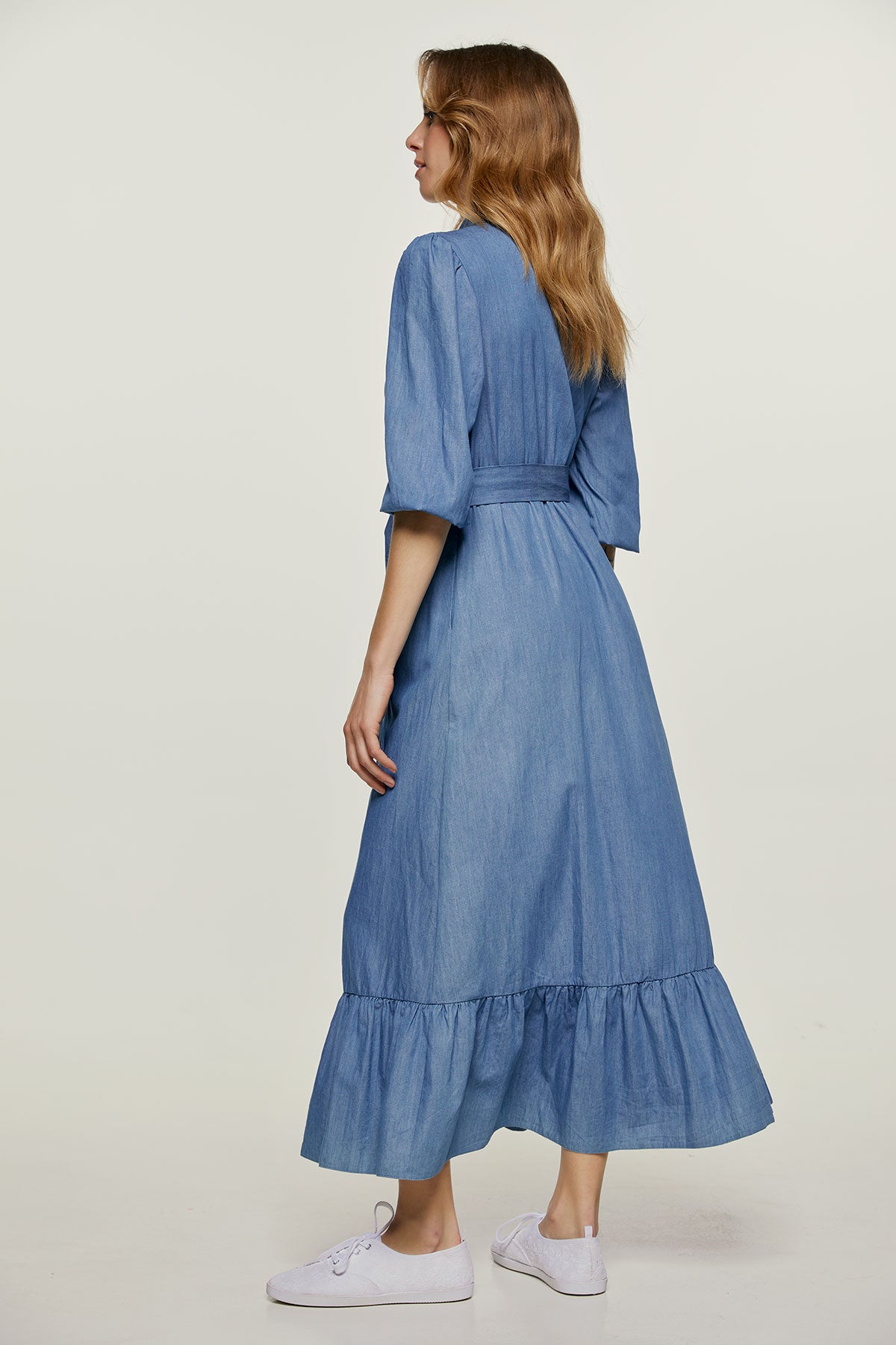 Conquista Φόρεμα Maxi Casual Με Κουμπιά Με Ζώνη 3/4 Μανίκι Μονόχρωμο Μπλε C211-550-18
