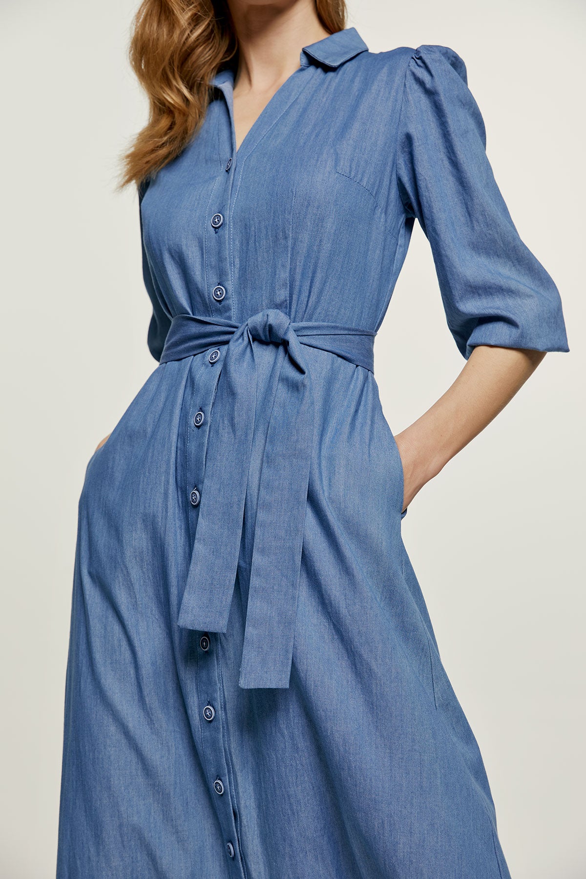 Conquista Φόρεμα Maxi Casual Με Κουμπιά Με Ζώνη 3/4 Μανίκι Μονόχρωμο Μπλε C211-550-18