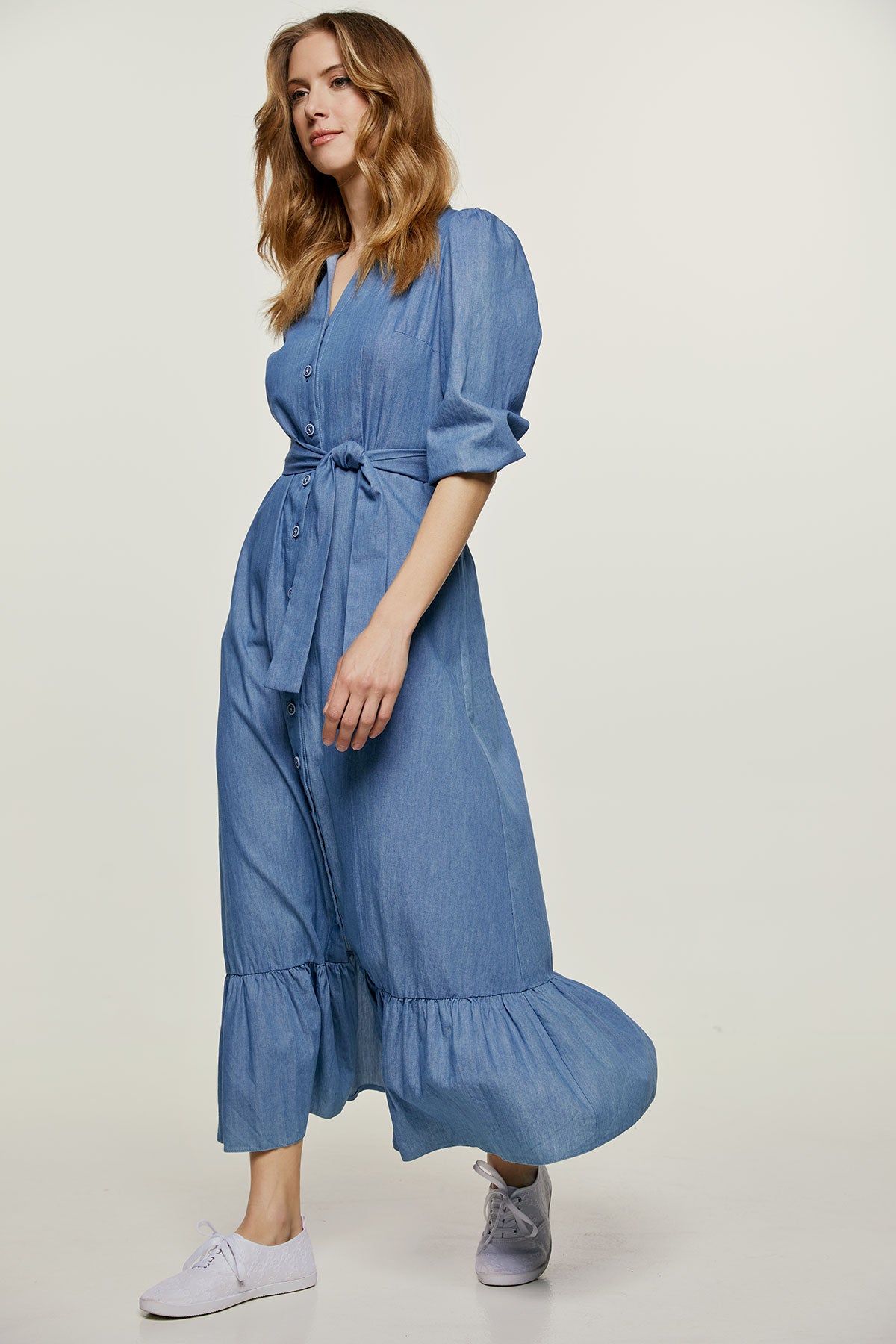 Conquista Φόρεμα Maxi Casual Με Κουμπιά Με Ζώνη 3/4 Μανίκι Μονόχρωμο Μπλε C211-550-18