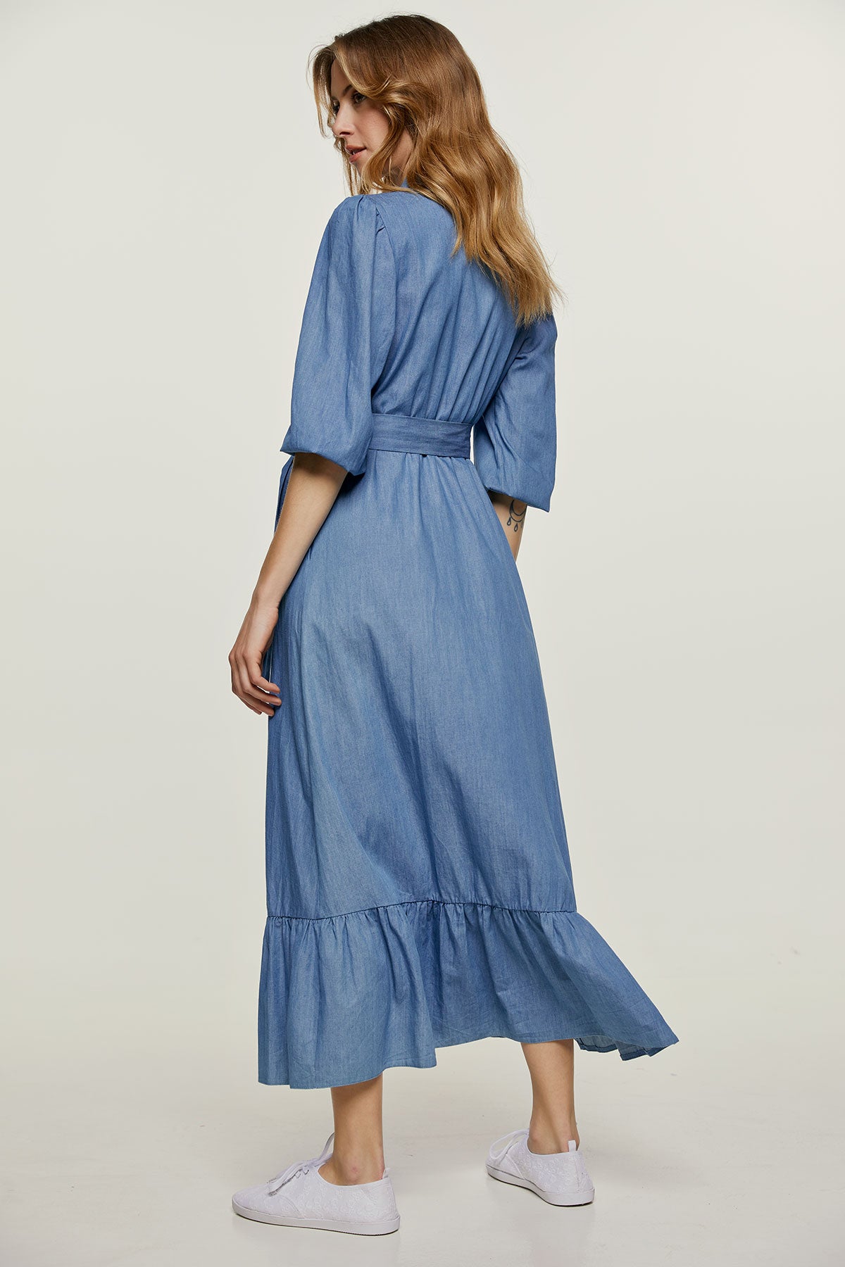 Conquista Φόρεμα Maxi Casual Με Κουμπιά Με Ζώνη 3/4 Μανίκι Μονόχρωμο Μπλε C211-550-18