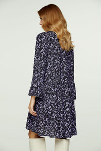 Purple and Black A Line Dress with Bell Sleeves