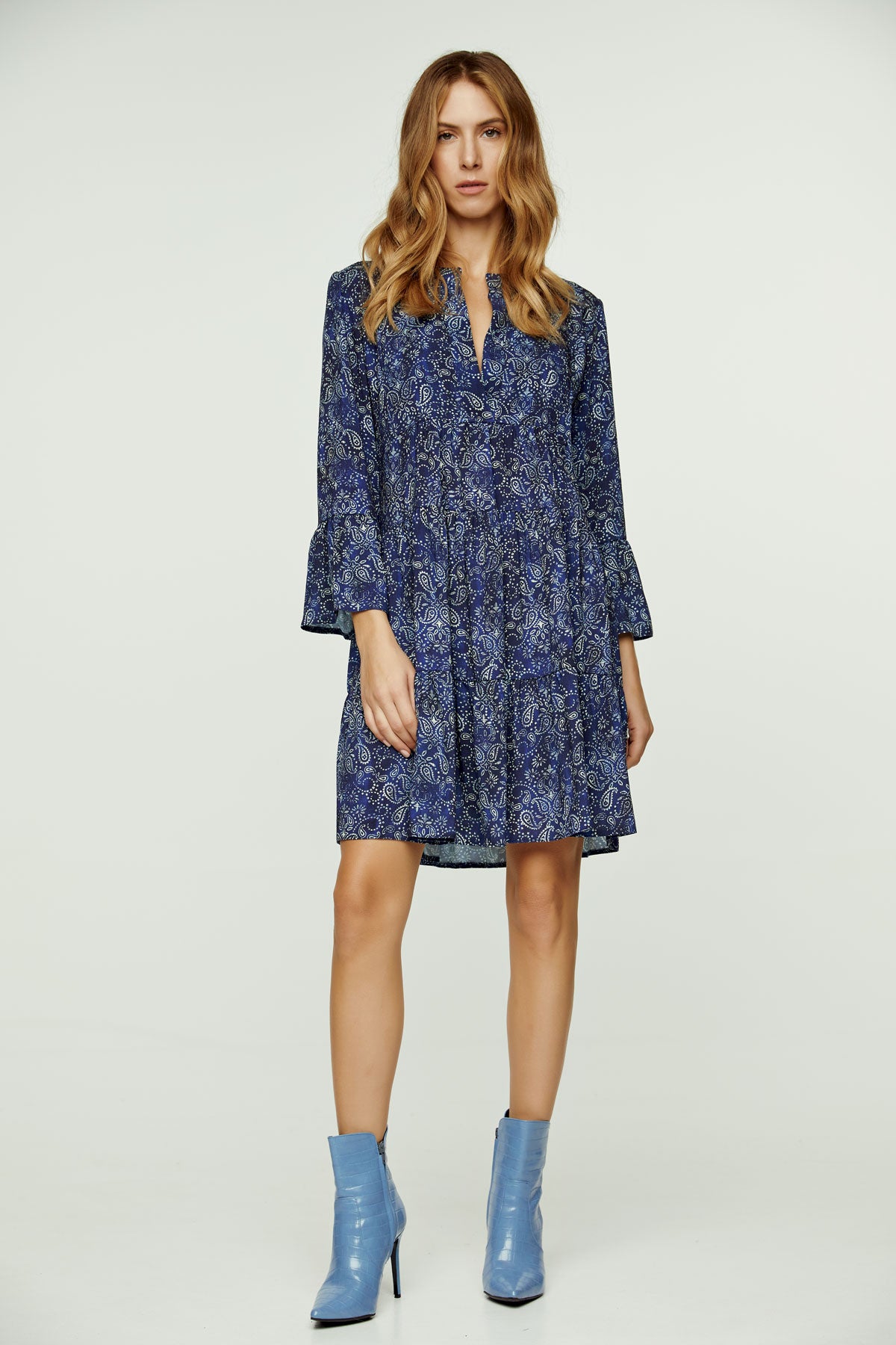 Blue Paisley A Line Dress with Bell Sleeves