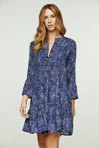 Blue Paisley A Line Dress with Bell Sleeves