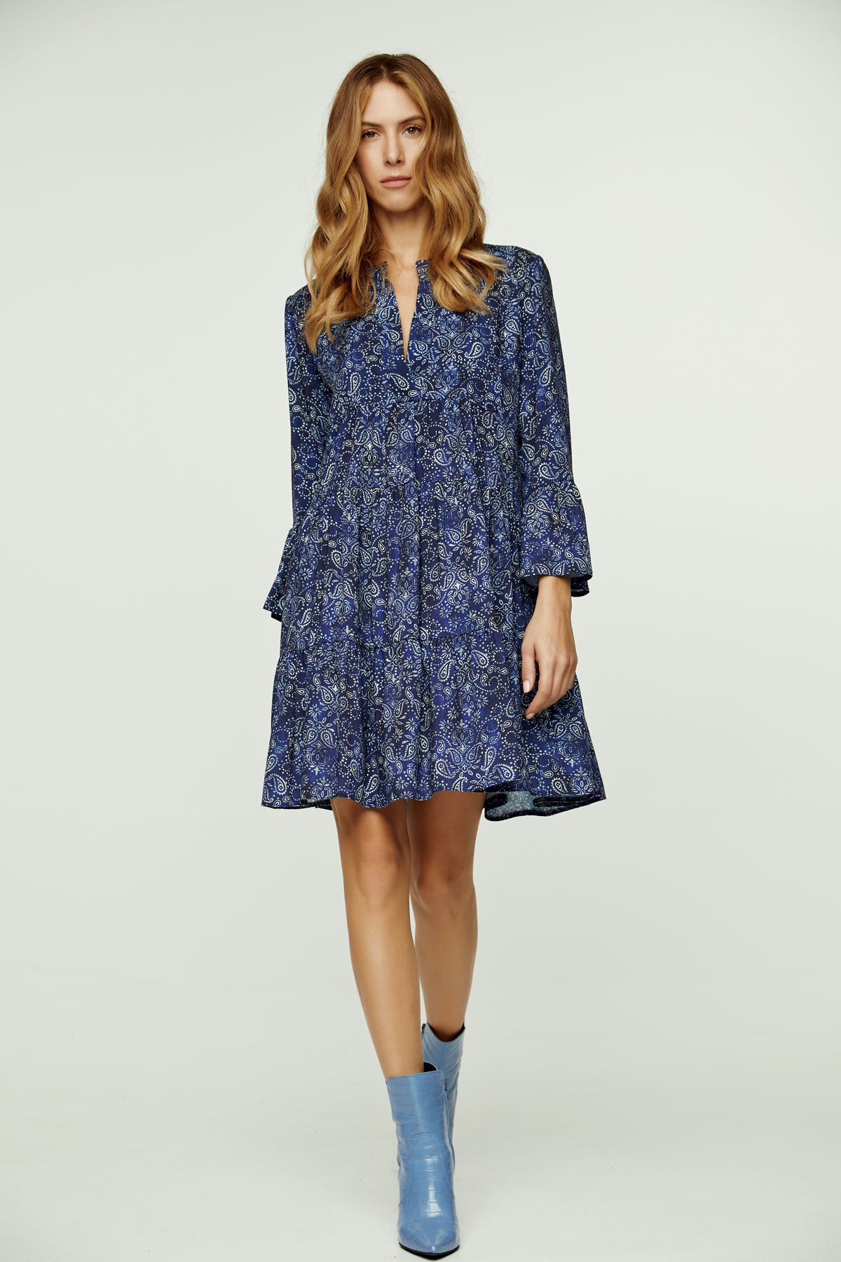 Blue Paisley A Line Dress with Bell Sleeves