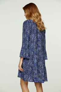 Blue Paisley A Line Dress with Bell Sleeves