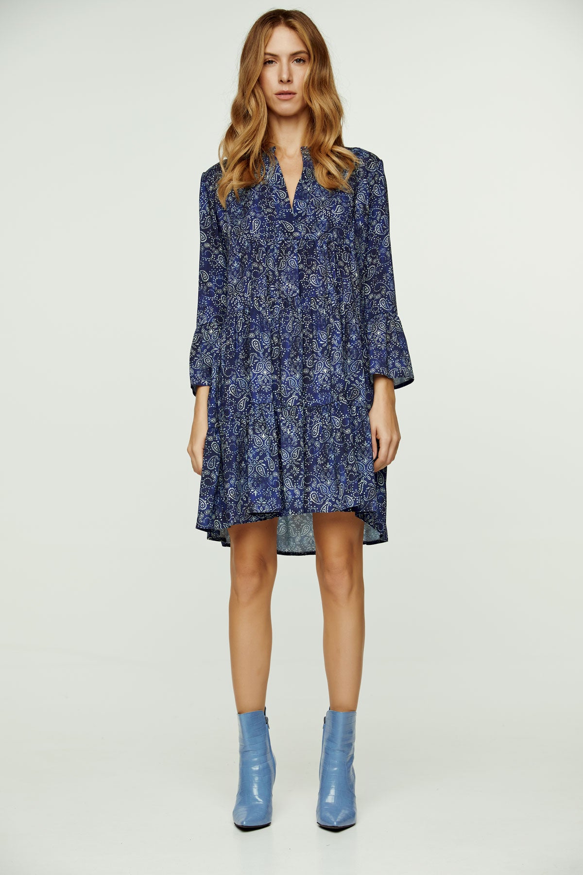 Blue Paisley A Line Dress with Bell Sleeves