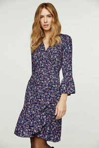Floral Print Viscose Wrap Dress with Bell Sleeves