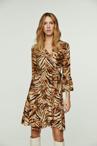 Tiger Print Viscose Wrap Dress with Bell Sleeves