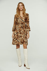 Tiger Print Viscose Wrap Dress with Bell Sleeves