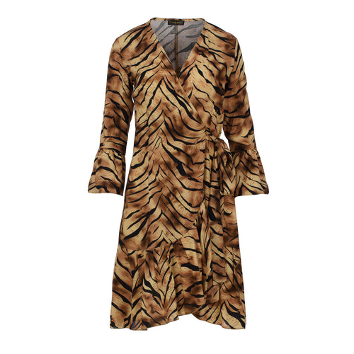 Tiger Print Viscose Wrap Dress with Bell Sleeves