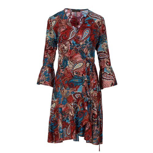 Paisley Print Viscose Wrap Dress with Bell Sleeves