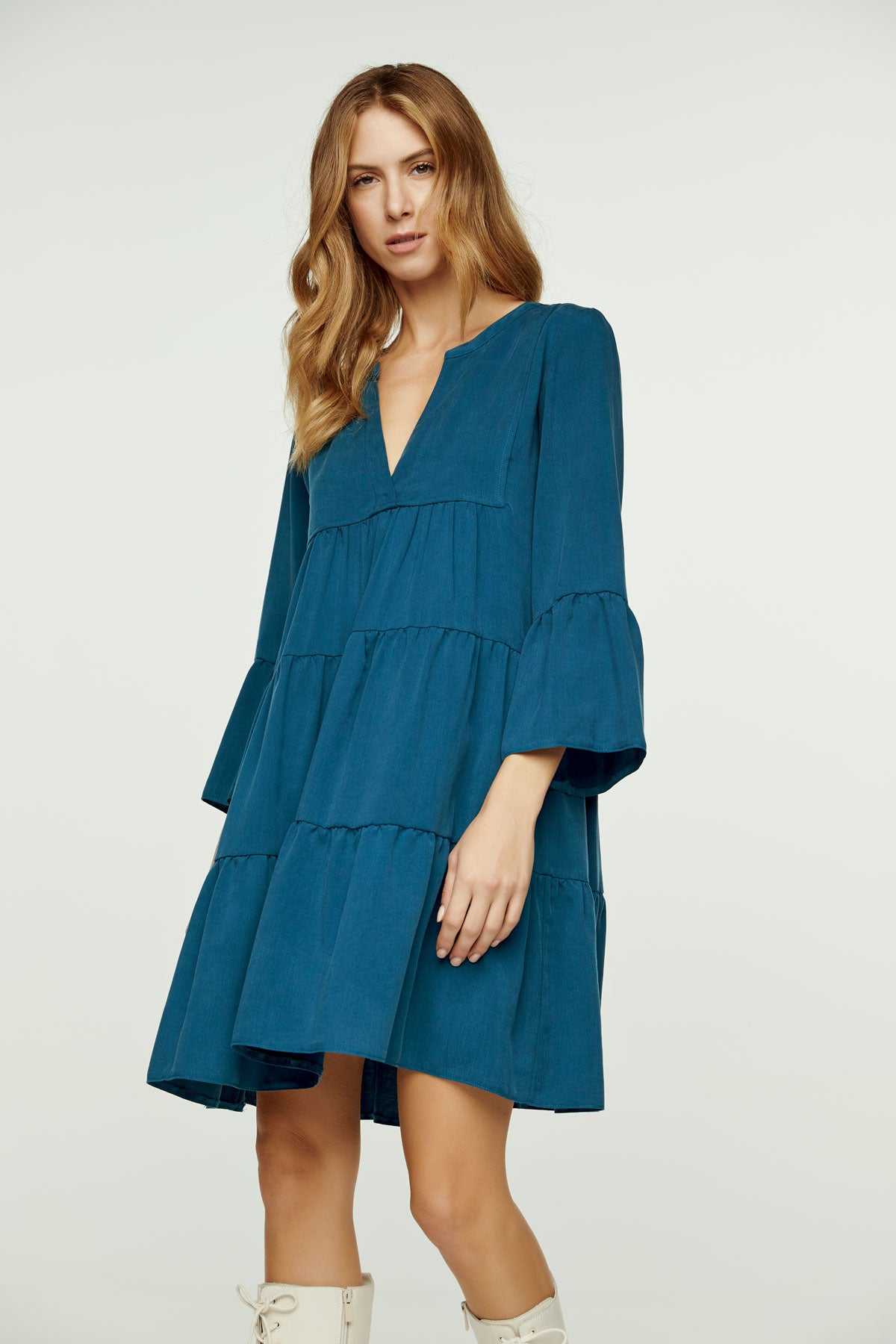 Σκούρο πετρόλ φόρεμα με σούρες και ραφές Tencel