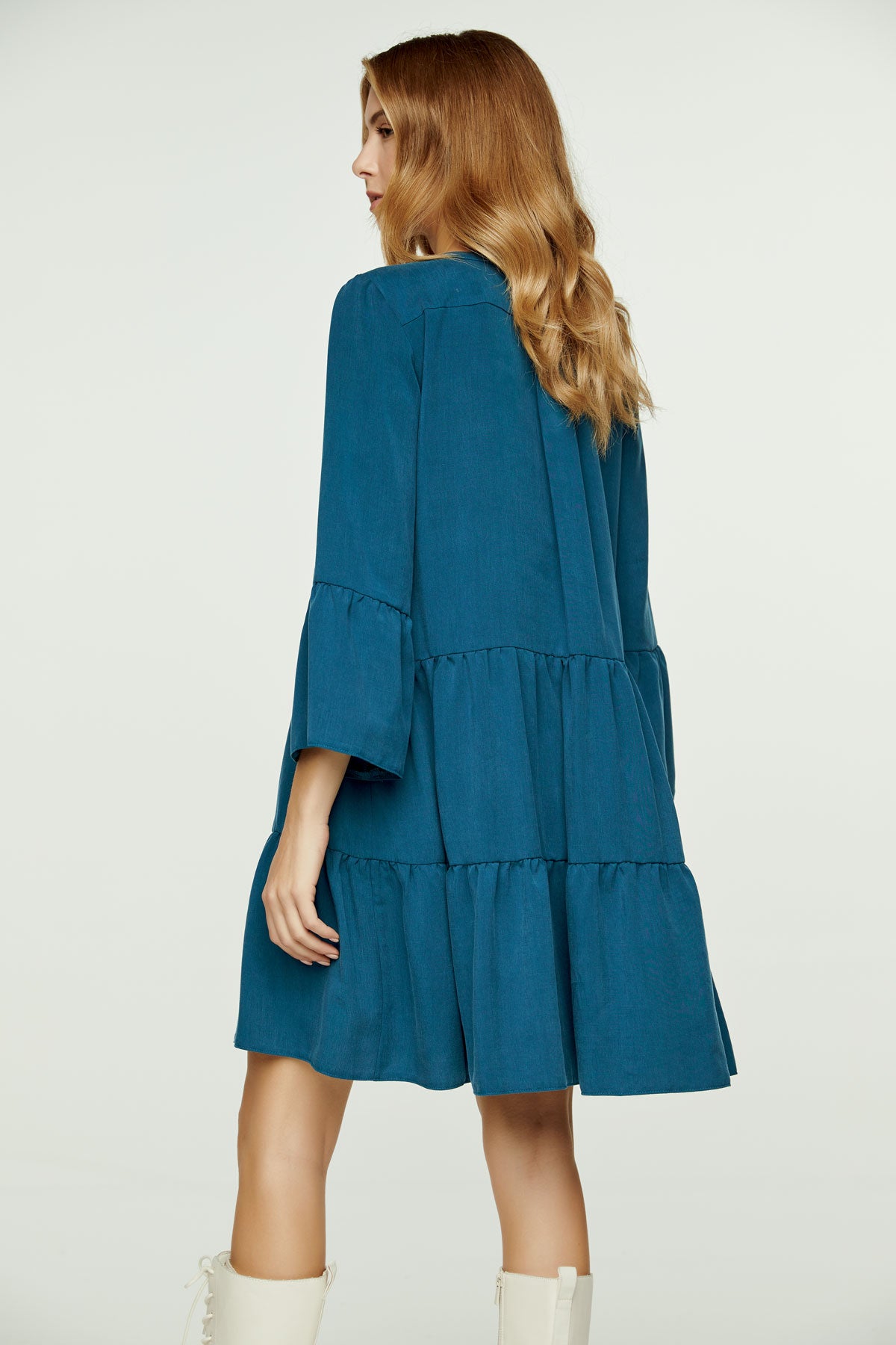 Σκούρο πετρόλ φόρεμα με σούρες και ραφές Tencel