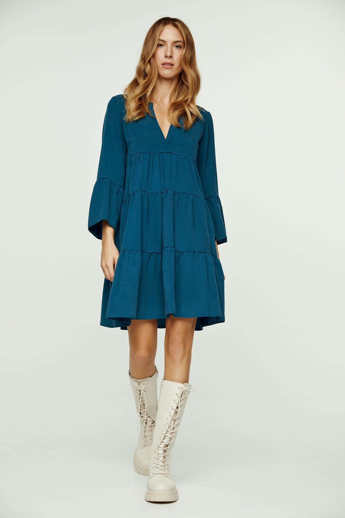 Σκούρο πετρόλ φόρεμα με σούρες και ραφές Tencel