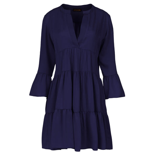 Navy Blue Viscose Gathered Seams Dress