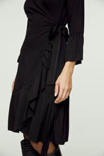 Load image into Gallery viewer, Black Wrap Dress Viscose with bell sleeves.