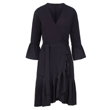 Load image into Gallery viewer, Black Wrap Dress Viscose with bell sleeves.