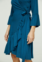Load image into Gallery viewer, Petrol Wrap Dress Viscose with bell sleeves.