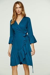 Petrol Wrap Dress Viscose with bell sleeves.