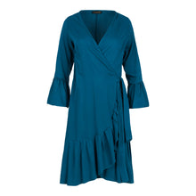 Load image into Gallery viewer, Petrol Wrap Dress Viscose with bell sleeves.