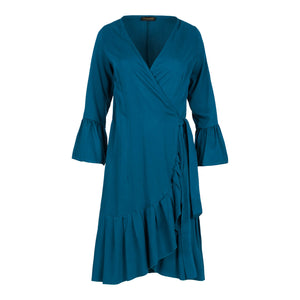 Petrol Wrap Dress Viscose with bell sleeves.