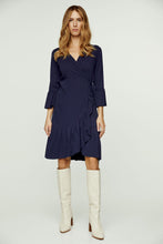 Load image into Gallery viewer, Navy Blue Wrap Dress Viscose with bell sleeves.