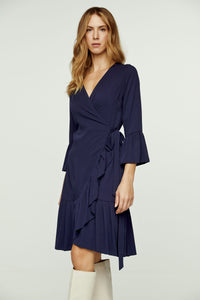 Navy Blue Wrap Dress Viscose with bell sleeves.