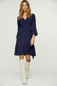 Navy Blue Wrap Dress Viscose with bell sleeves.