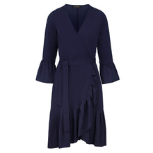 Load image into Gallery viewer, Navy Blue Wrap Dress Viscose with bell sleeves.