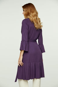 Aubergine Blue Wrap Dress Viscose with bell sleeves.