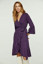 Load image into Gallery viewer, Aubergine Blue Wrap Dress Viscose with bell sleeves.