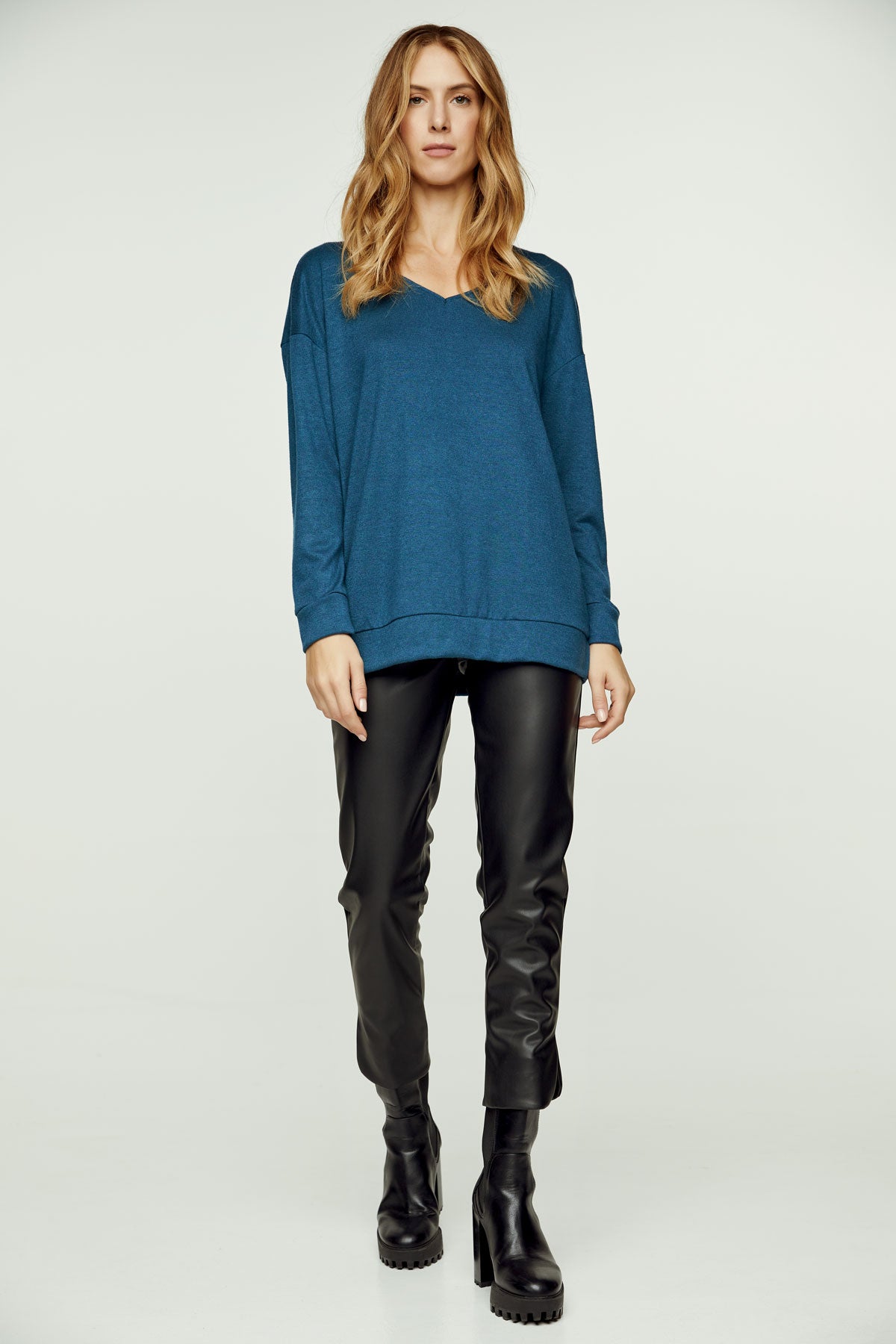 Petrol Blue V Neck Knit Top