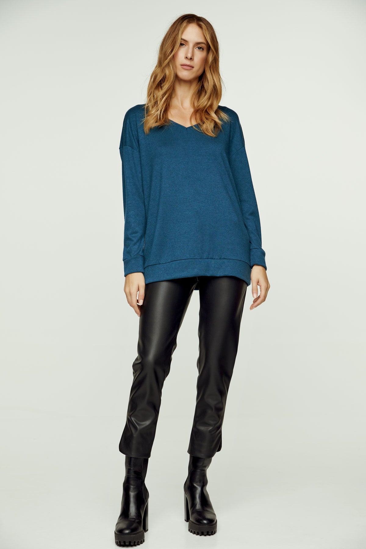 Petrol Blue V Neck Knit Top