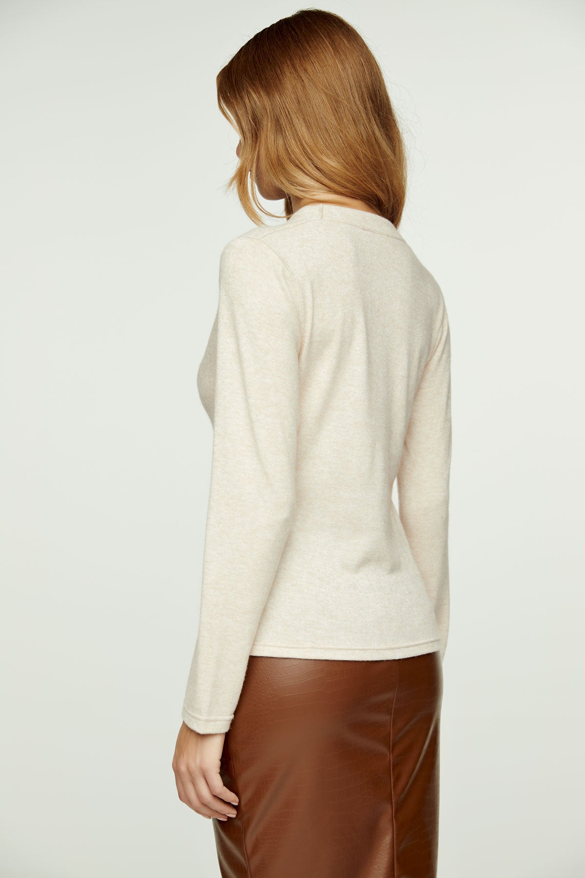 Beige Melange V Neck Knit Top