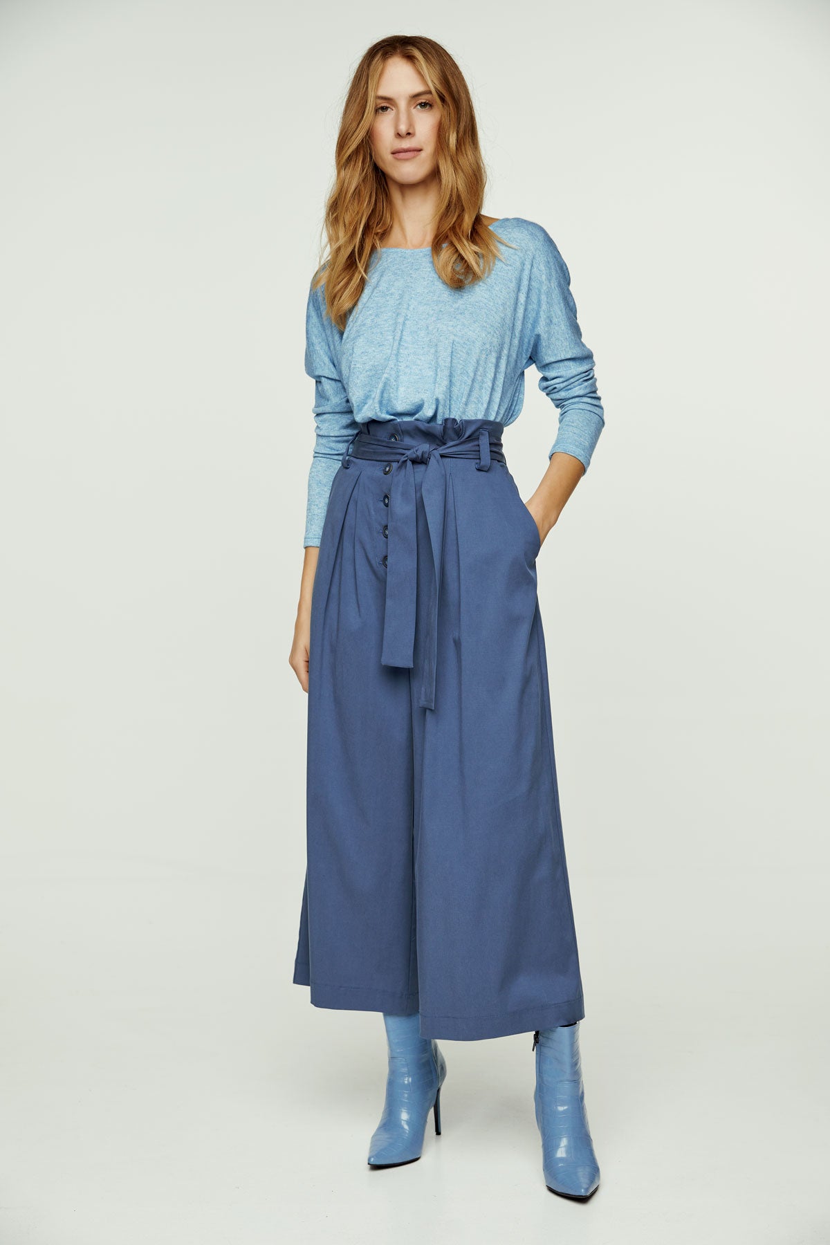 Light Blue Melange Knit Handkerchief Hem Top