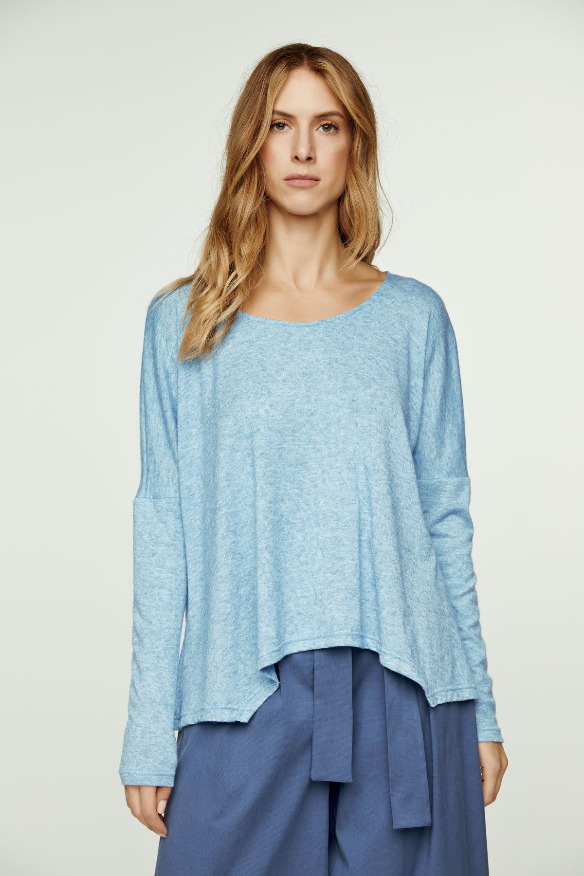Light Blue Melange Knit Handkerchief Hem Top