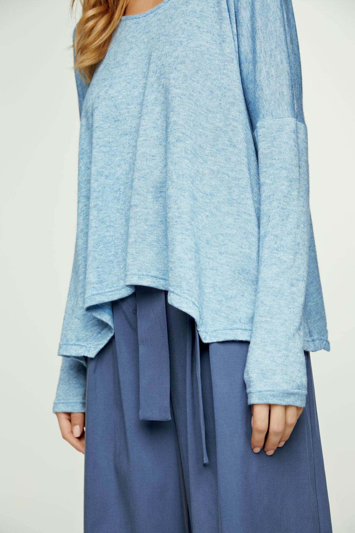 Light Blue Melange Knit Handkerchief Hem Top