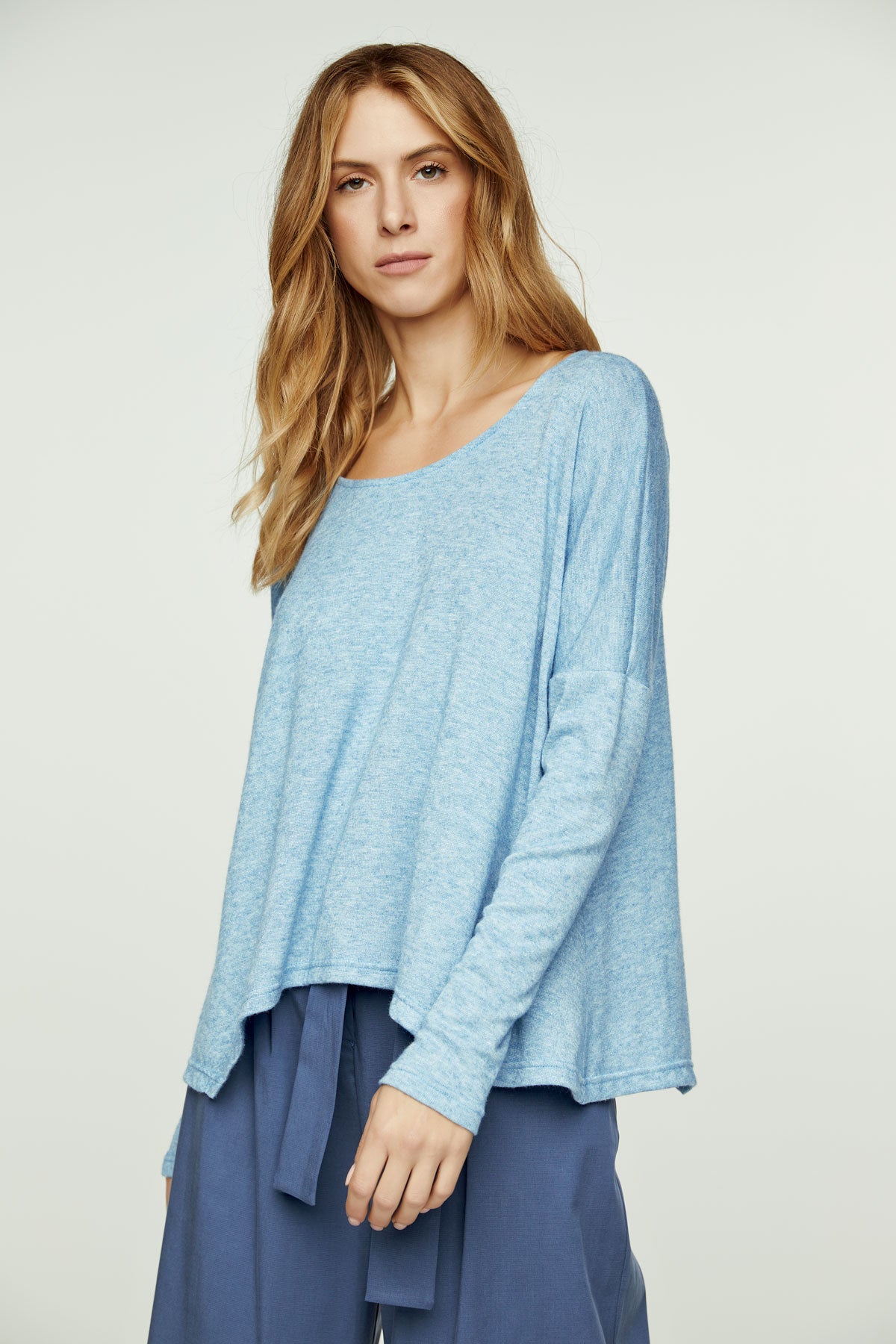 Light Blue Melange Knit Handkerchief Hem Top