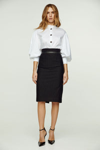 Striped Black Pencil Skirt with Leather Detail