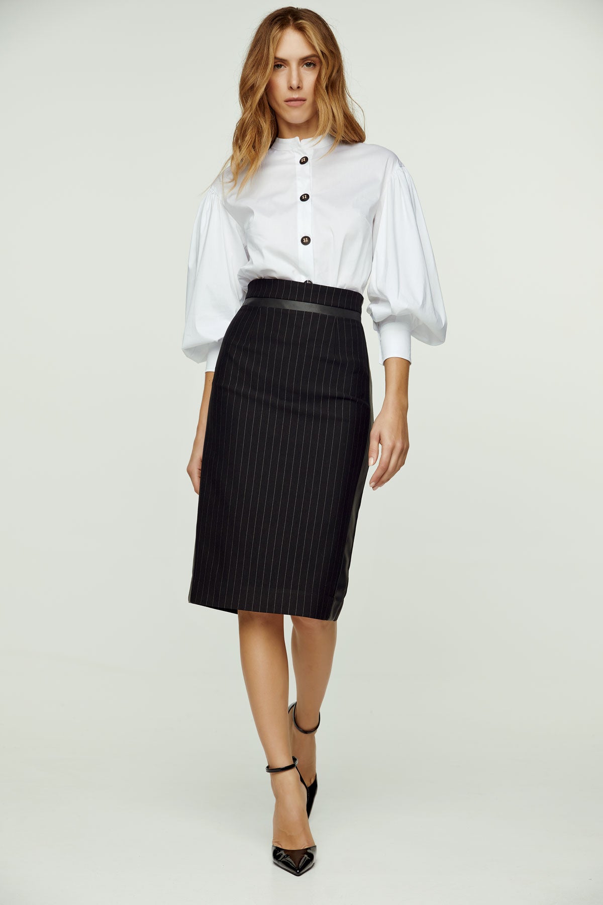 Striped Black Pencil Skirt with Leather Detail